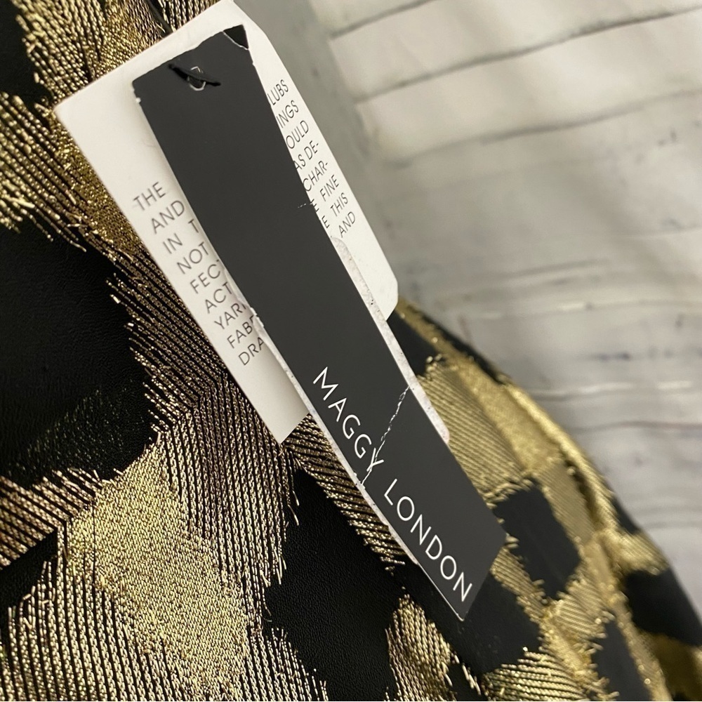 Maggy London Size 4 Metallic Gold Black Plaid Cross Over Halter Dress Fit Flare - Picture 9 of 13